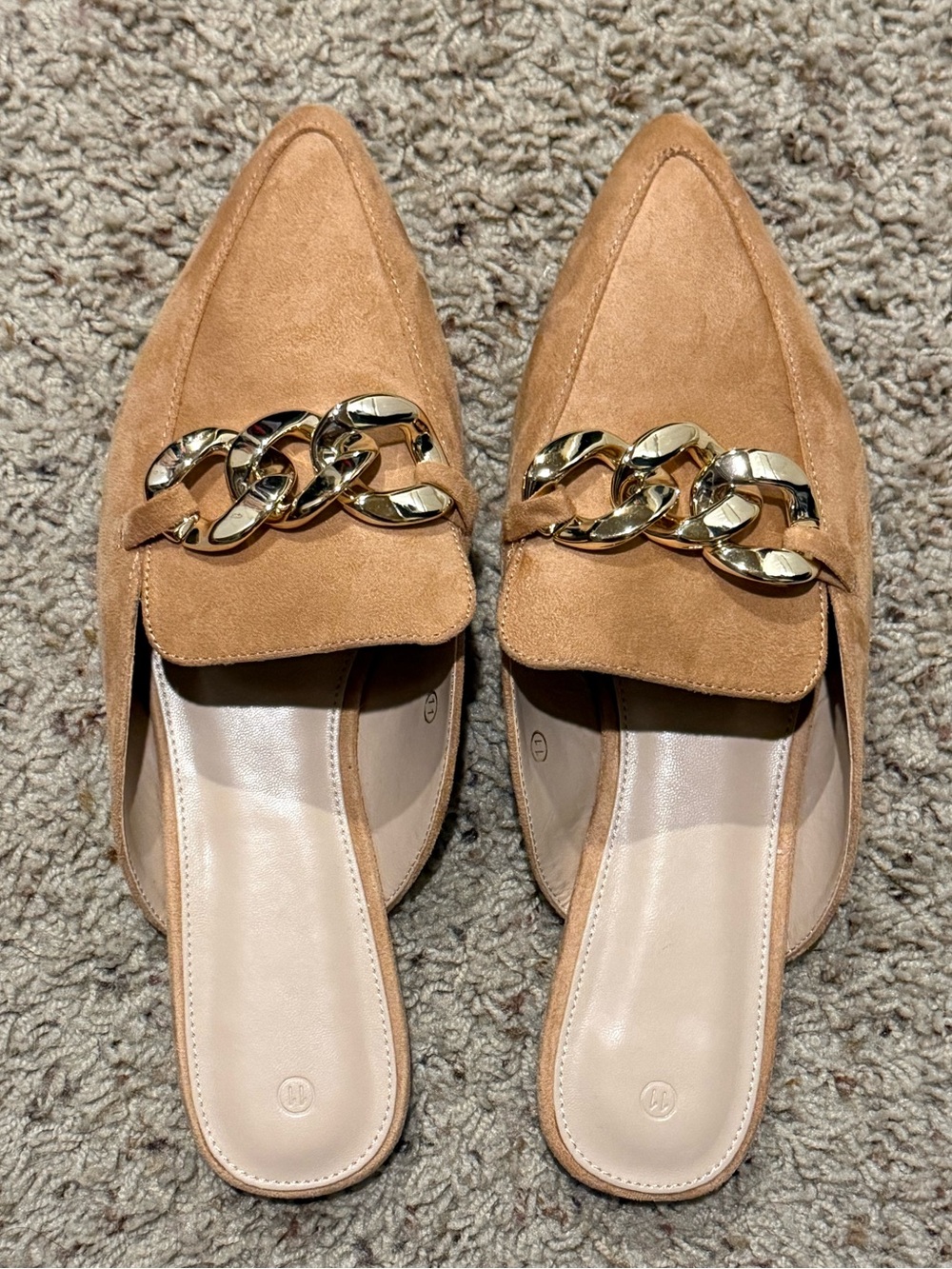 Womens Tan Suede Chain-Trim Mule Loafers Size 11W